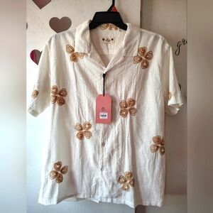 White Shirt with Gold Floral Embroidery